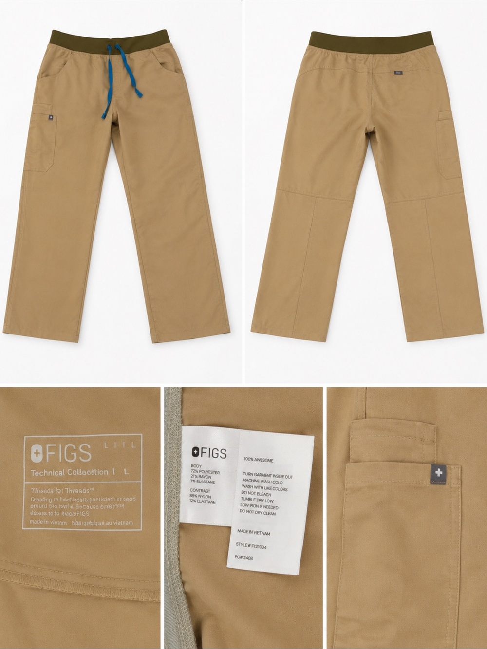 Figs Tan Scrub Pants with Blue Drawcord
